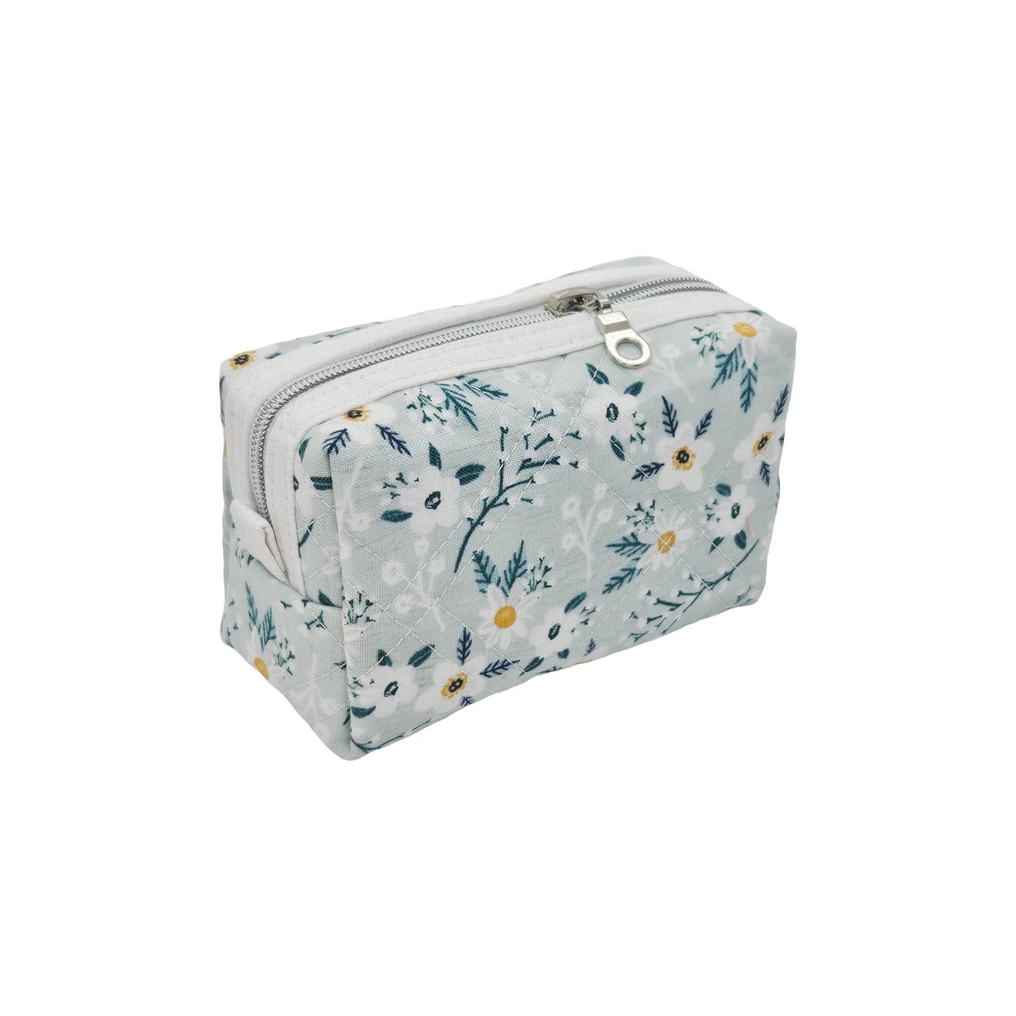 Light Teal Calico Floral Accented Quilted Pattern Mini Zipper Box Pouch