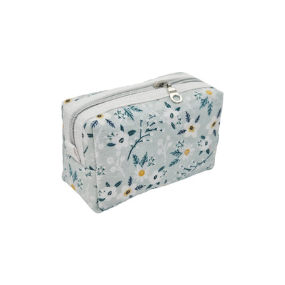 Light Teal Calico Floral Accented Quilted Pattern Mini Zipper Box Pouch