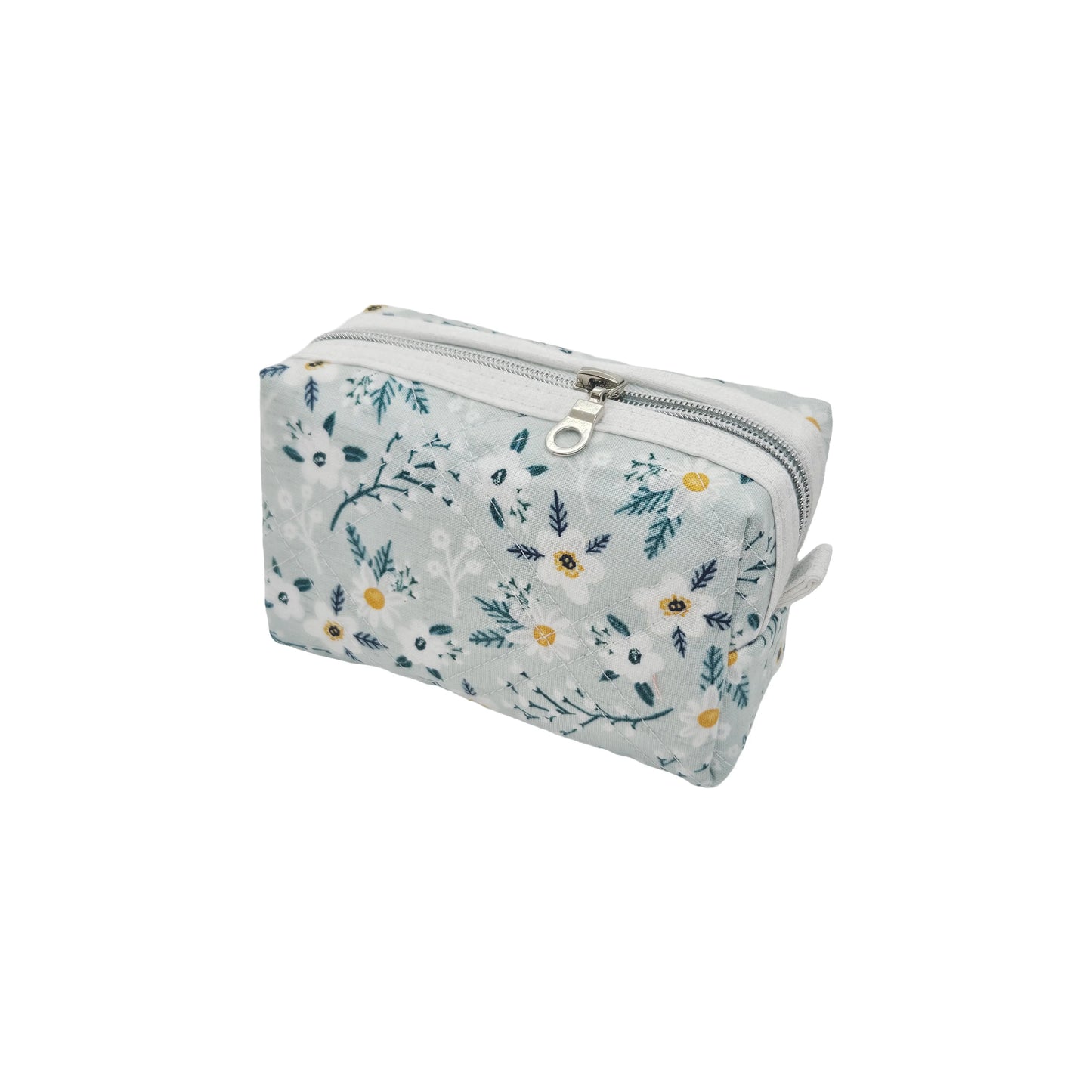 Light Teal Calico Floral Accented Quilted Pattern Mini Zipper Box Pouch