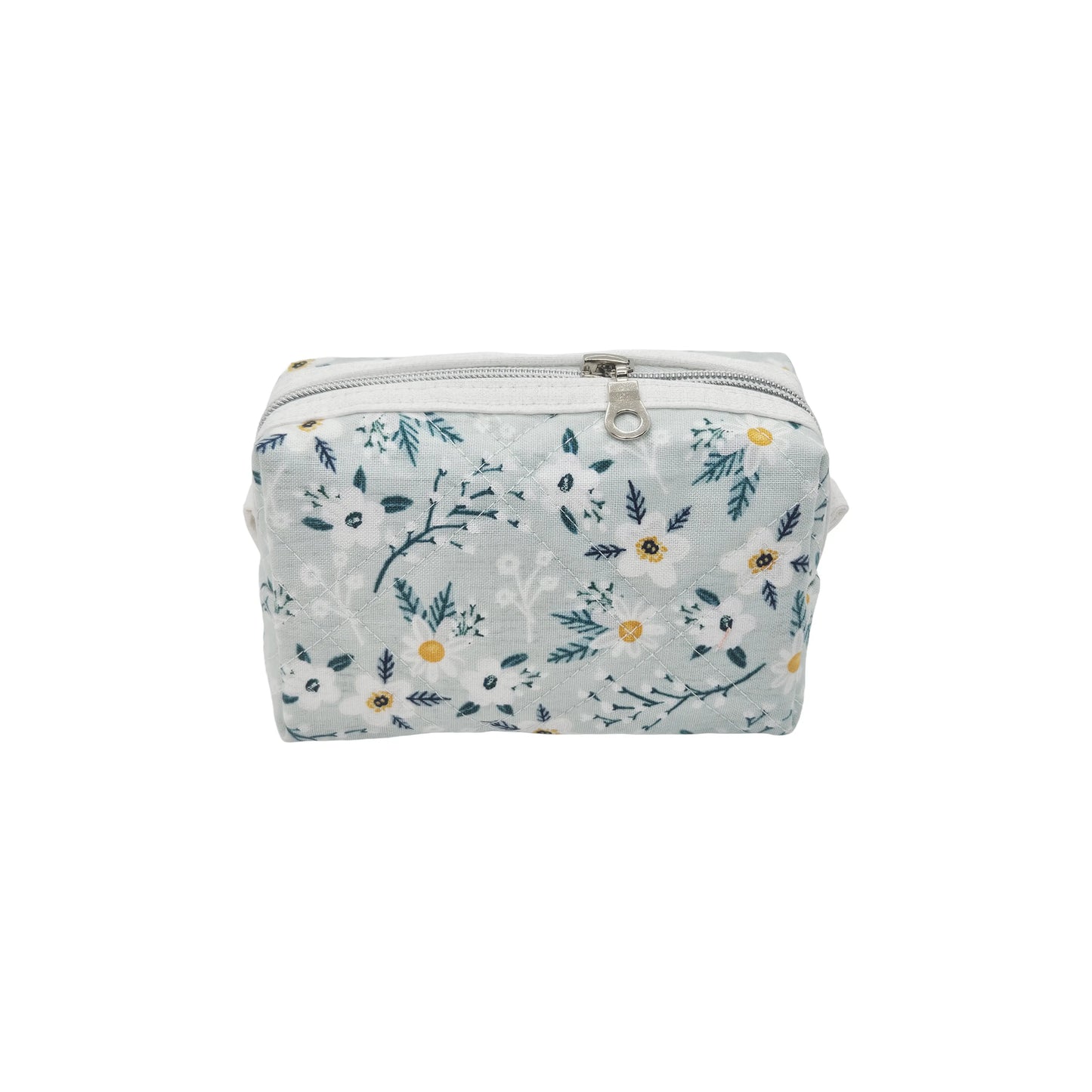 Light Teal Calico Floral Accented Quilted Pattern Mini Zipper Box Pouch