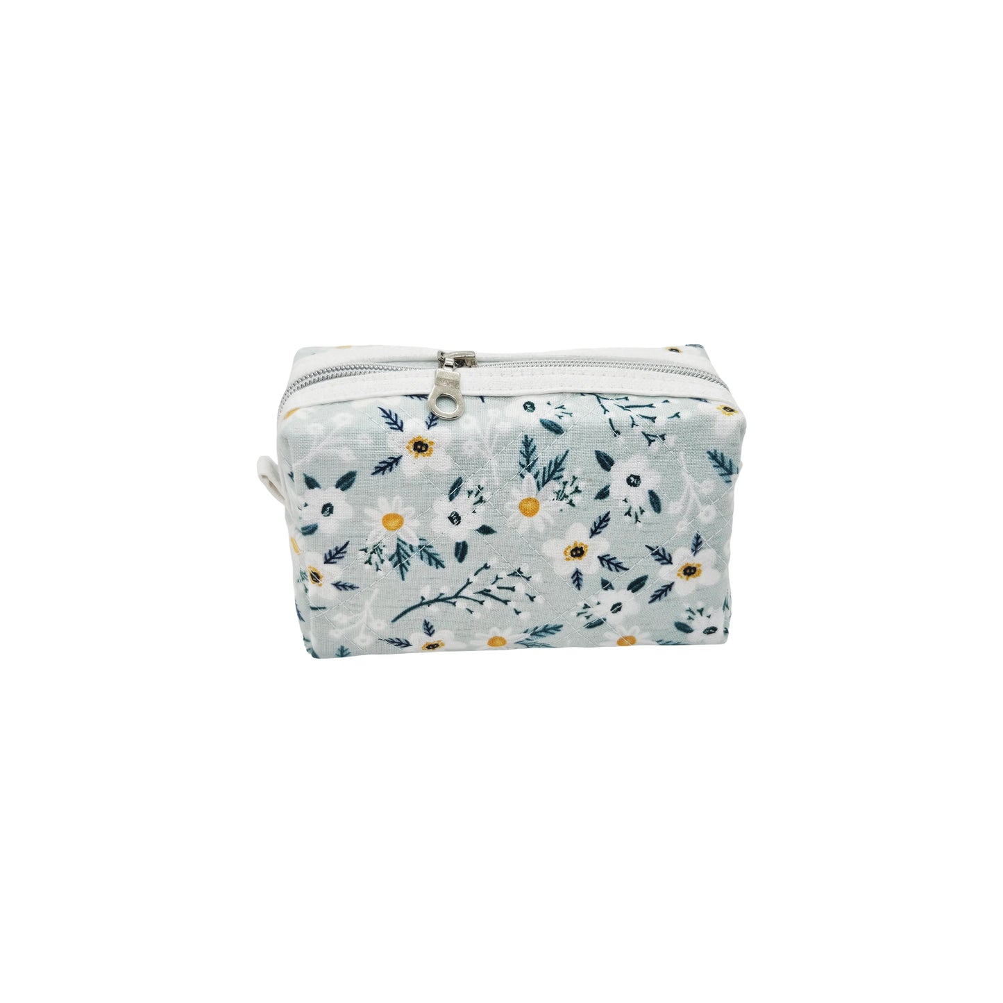Light Teal Calico Floral Accented Quilted Pattern Mini Zipper Box Pouch