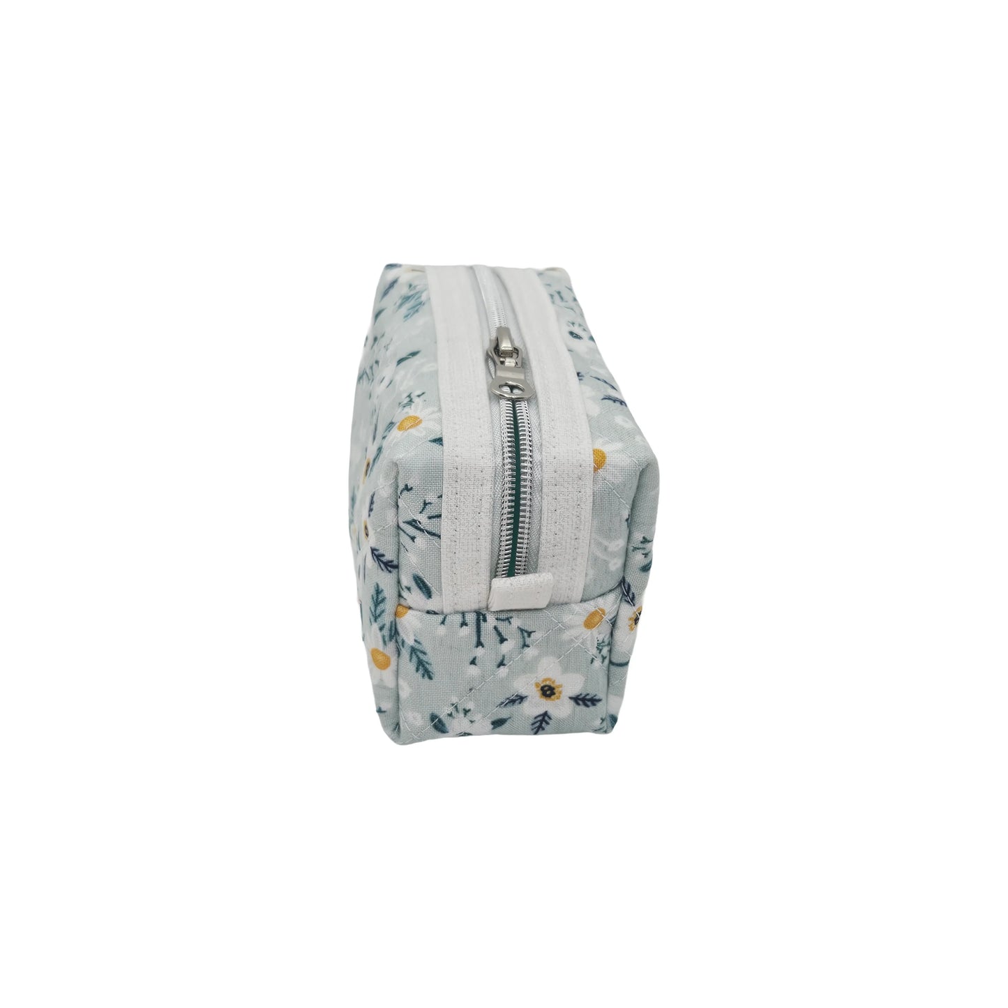 Light Teal Calico Floral Accented Quilted Pattern Mini Zipper Box Pouch