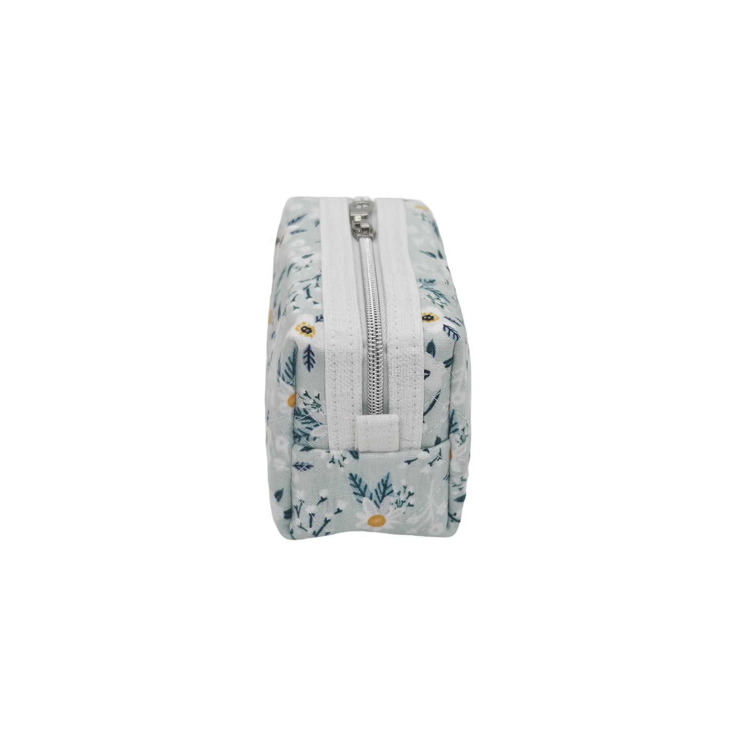 Light Teal Calico Floral Accented Quilted Pattern Mini Zipper Box Pouch