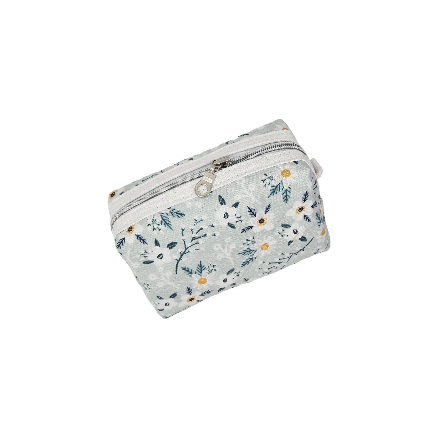 Light Teal Calico Floral Accented Quilted Pattern Mini Zipper Box Pouch
