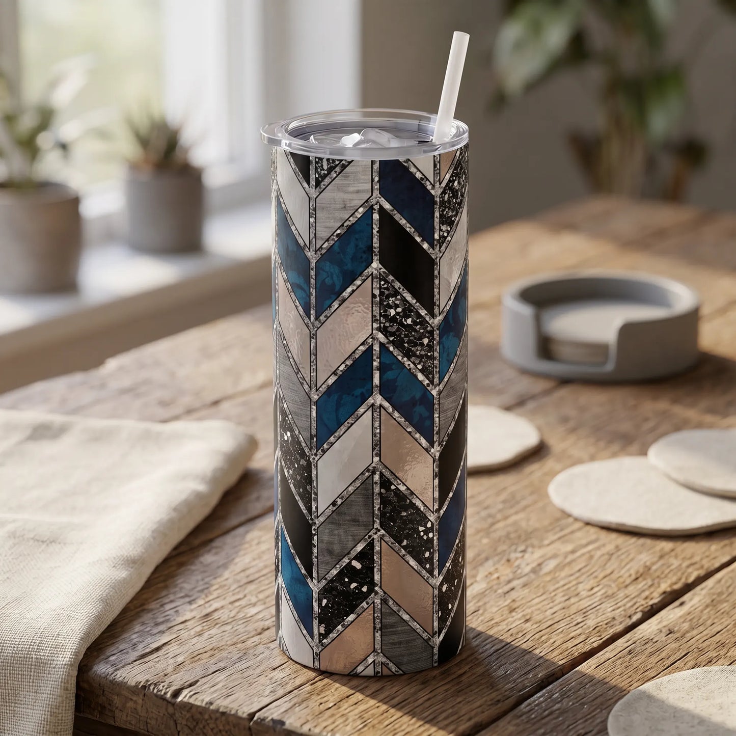 Ocean Teal & Metallic Silver Mosaic 20oz Skinny Tumbler