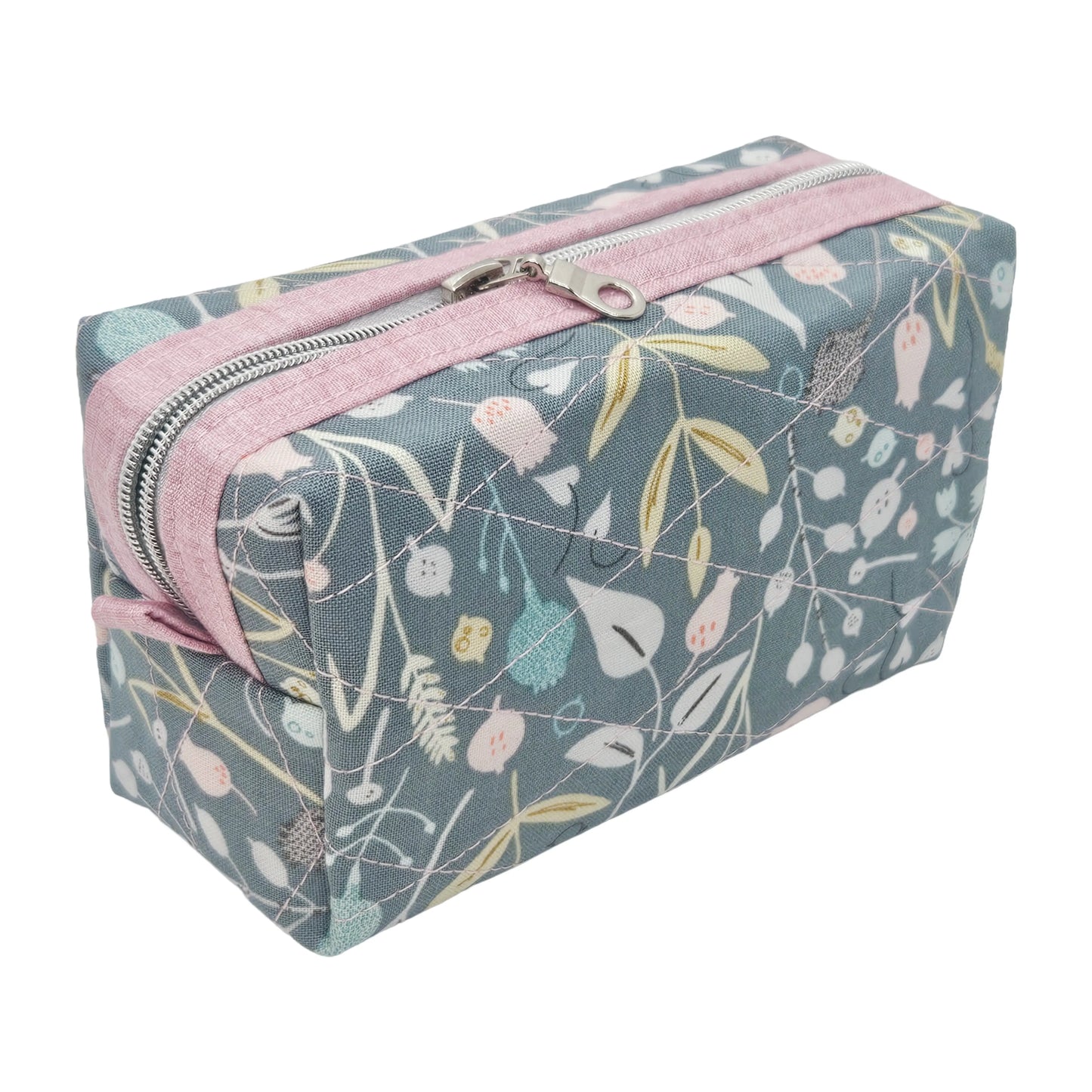 Teal Floral Pink Accented Quilted Pattern Mini Zipper Box Pouch