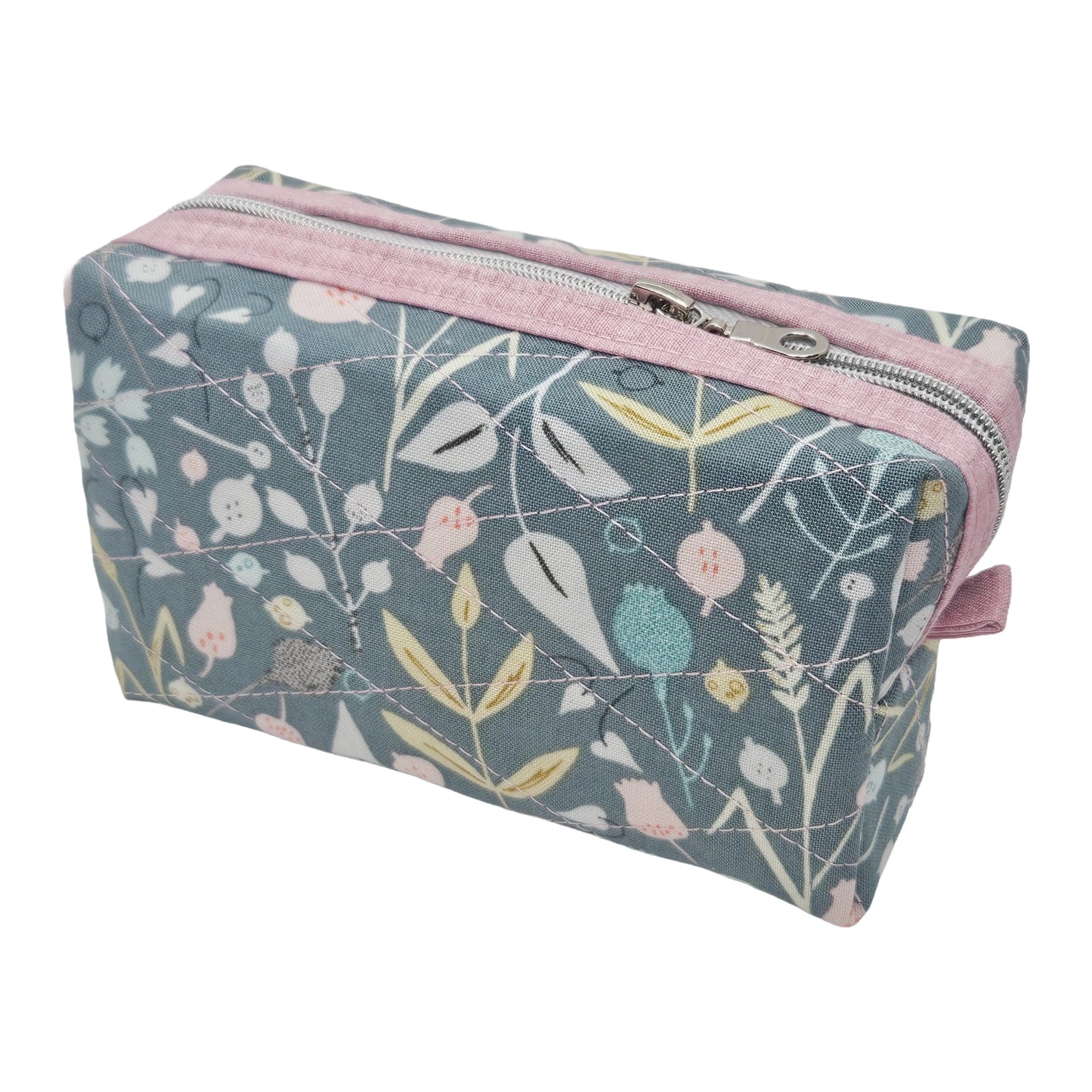Teal Floral Pink Accented Quilted Pattern Mini Zipper Box Pouch