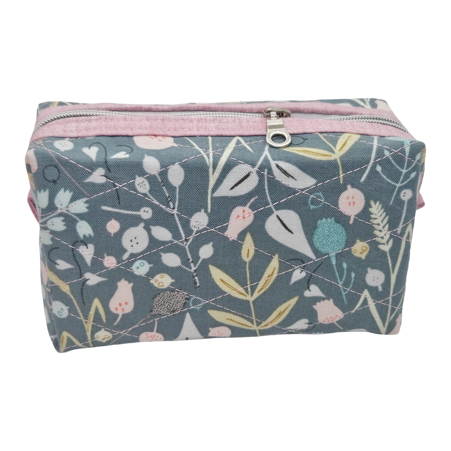 Teal Floral Pink Accented Quilted Pattern Mini Zipper Box Pouch