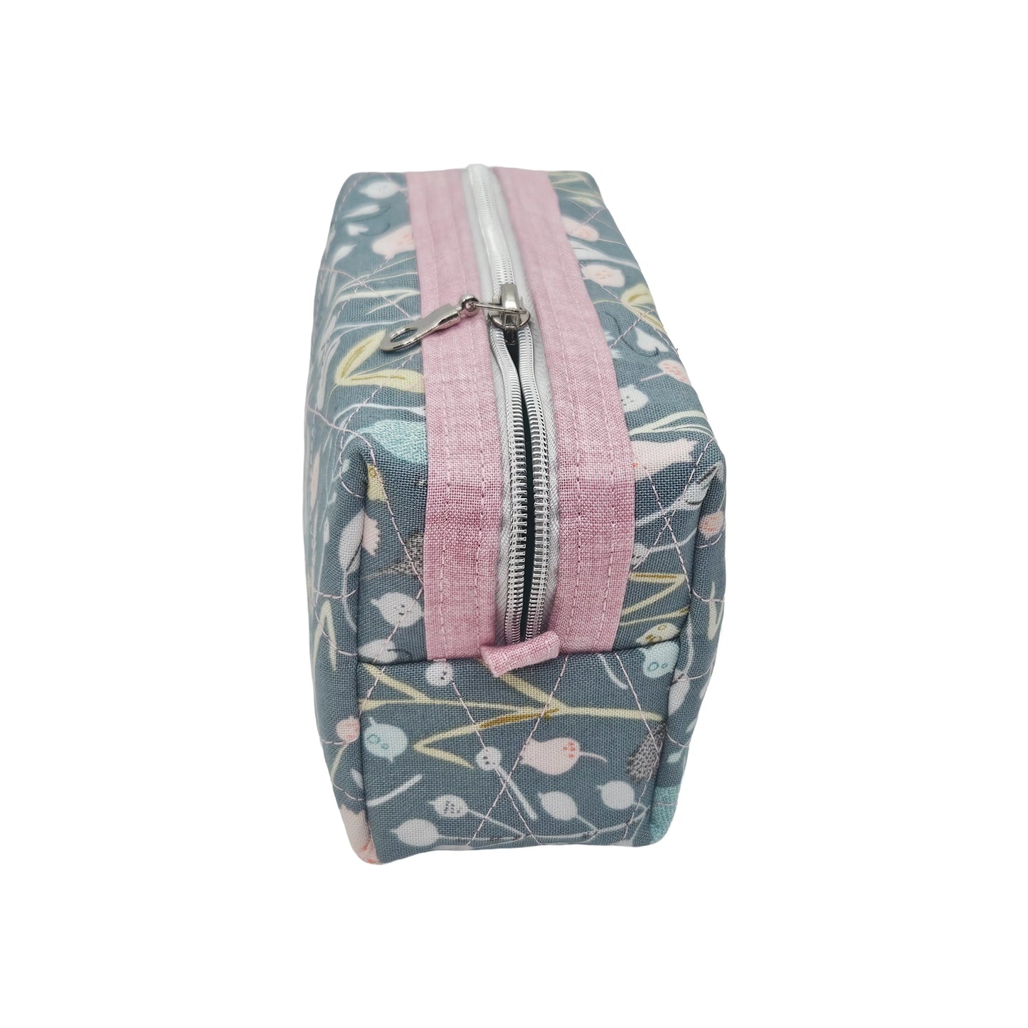 Teal Floral Pink Accented Quilted Pattern Mini Zipper Box Pouch
