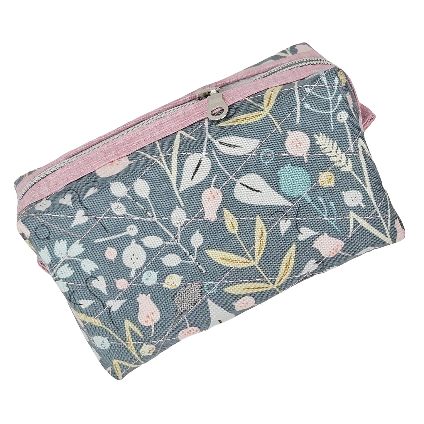 Teal Floral Pink Accented Quilted Pattern Mini Zipper Box Pouch
