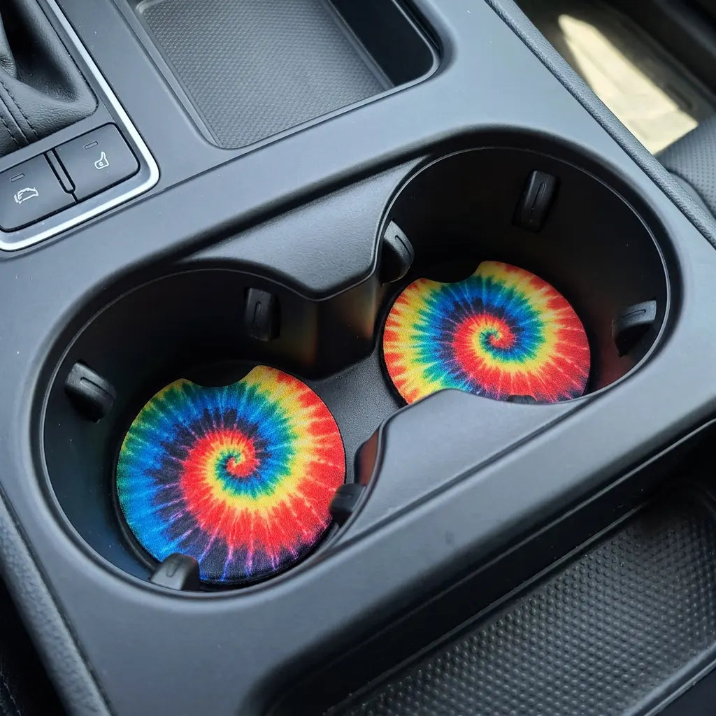 Retro Tie-Dye Spiral 2-Pack Neoprene Car Coaster Set