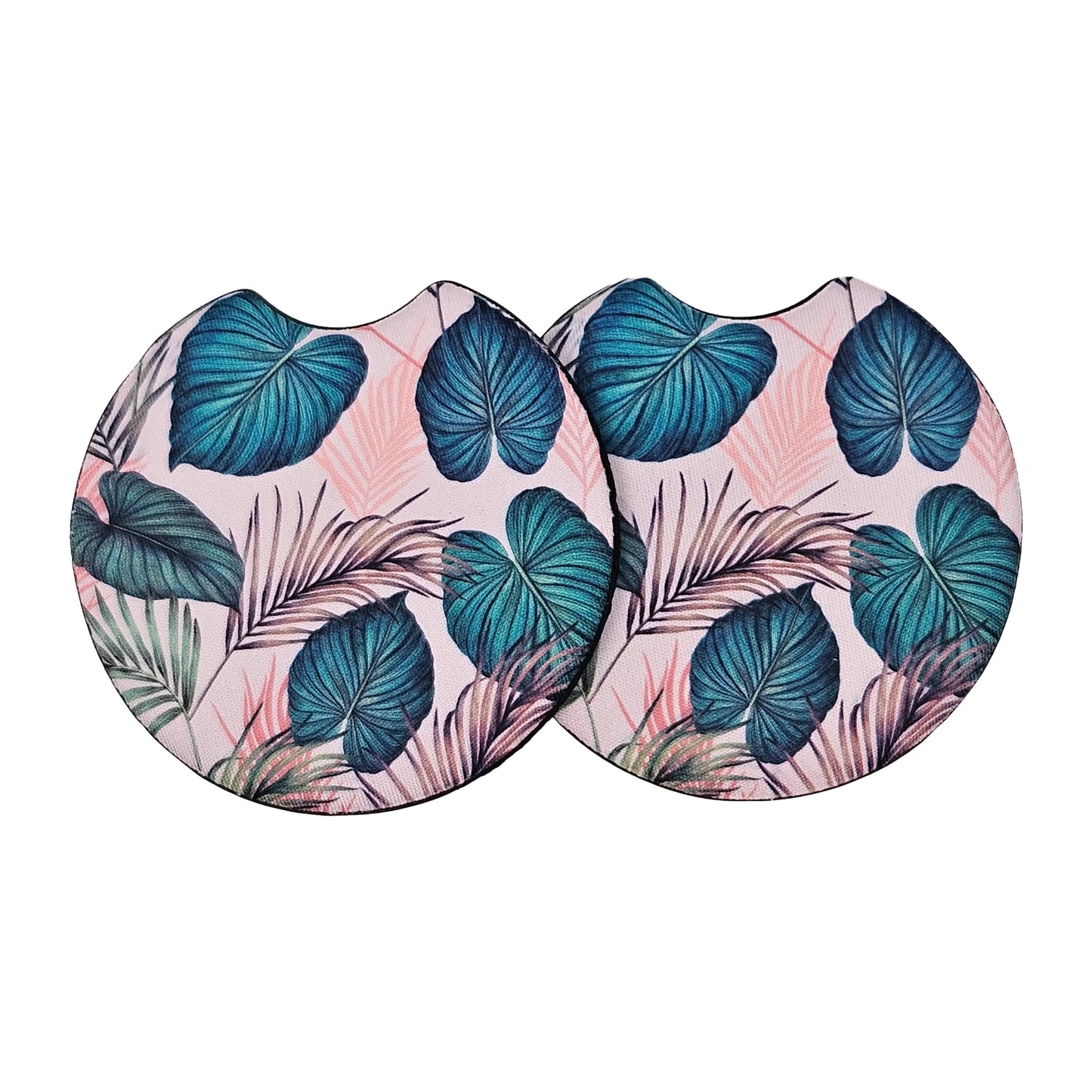 Tropical Teal Leaves 2 Pack Neoprene Car Coaster Set
