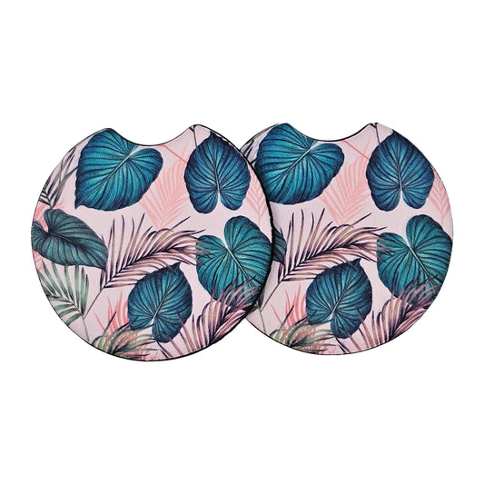 Tropical Teal Leaves 2 Pack Neoprene Car Coaster Set