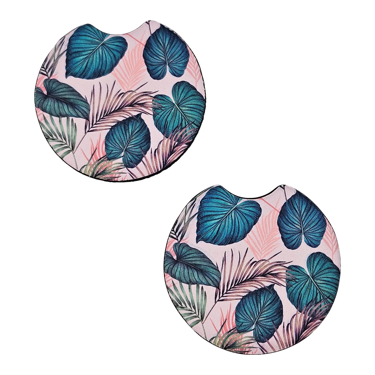 Tropical Teal Leaves 2 Pack Neoprene Car Coaster Set