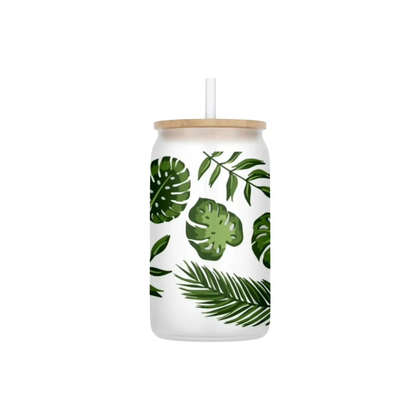 Tropical Monstera Palm Leaf 16oz Frosted Glass Can Set