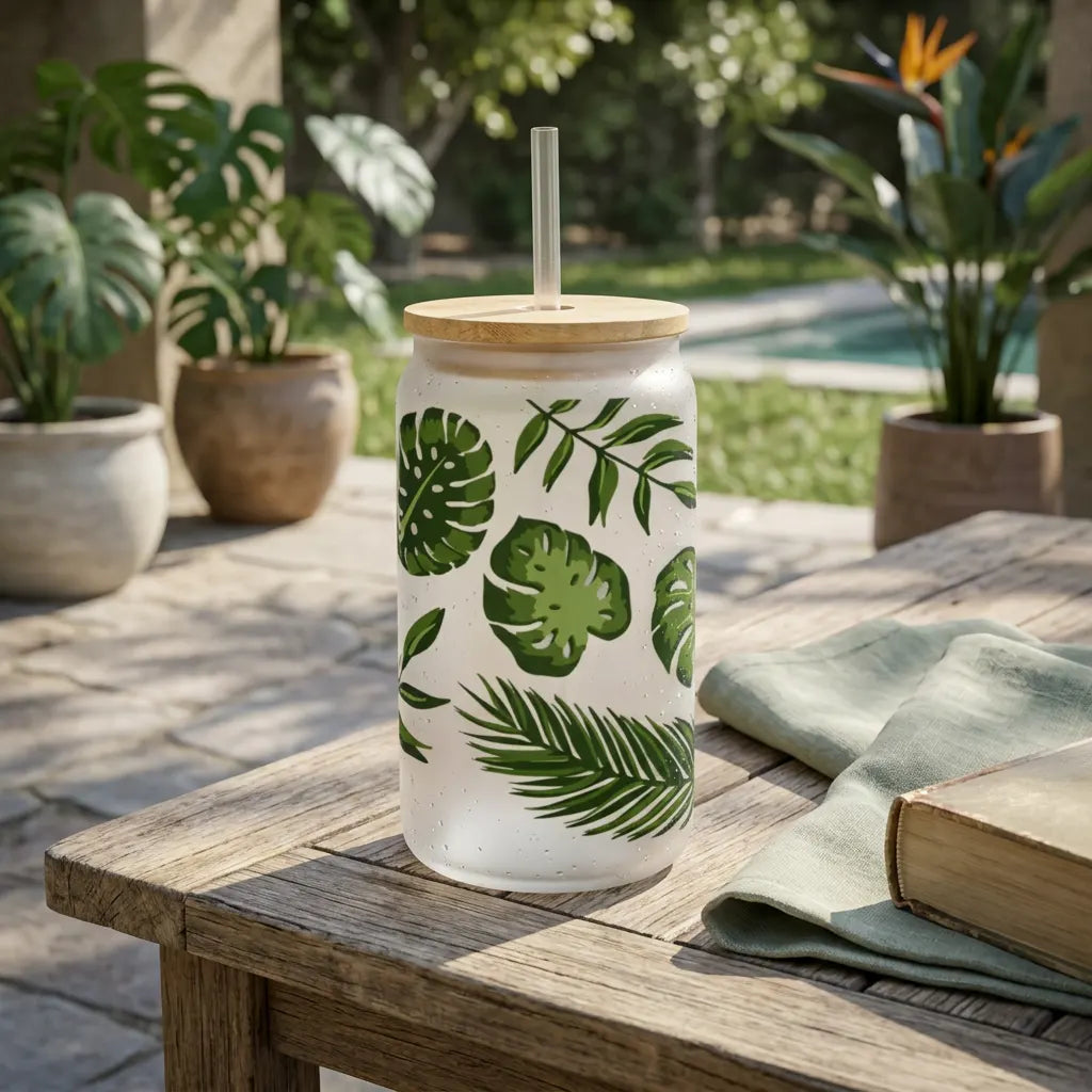 Tropical Monstera Palm Leaf 16oz Frosted Glass Can Set