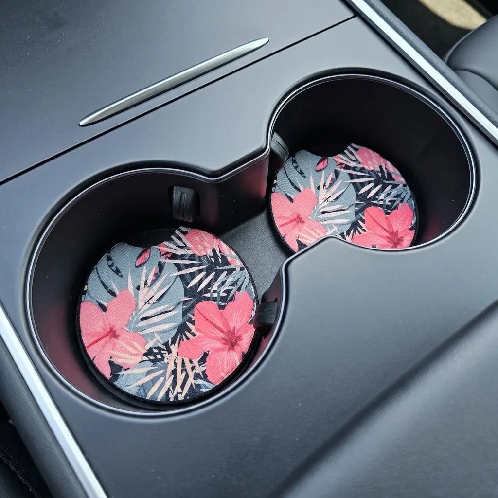 Tropical Monstera & Hibiscus 2-Pack Neoprene Car Coaster Set