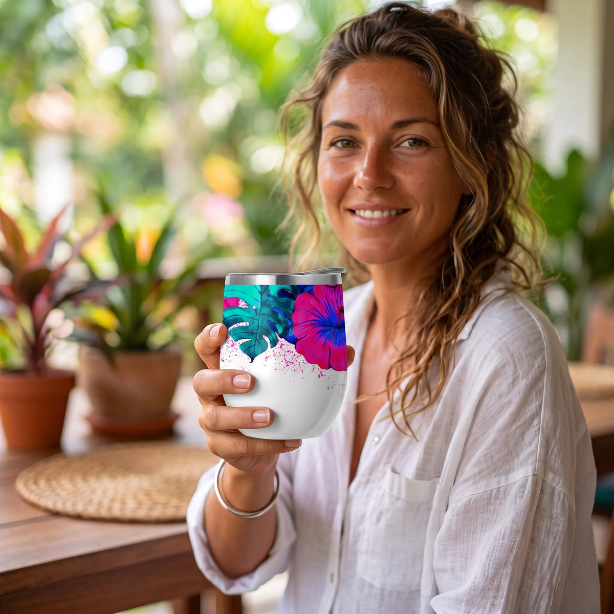 Tropical Hibiscus & Monstera Leaf 12oz Insulated Wine Tumbler