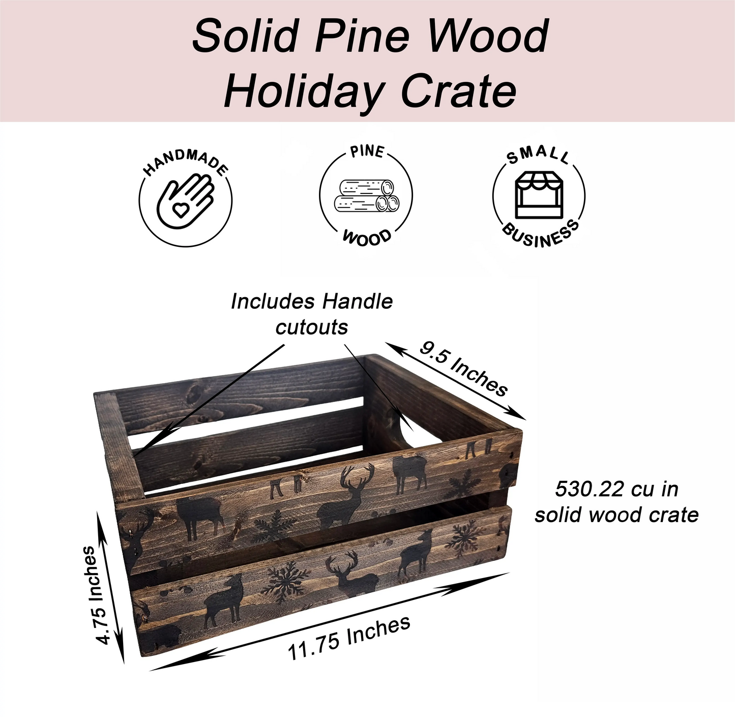 Wood Burnt Holiday Reindeer Snowflakes Solid Wood Crate