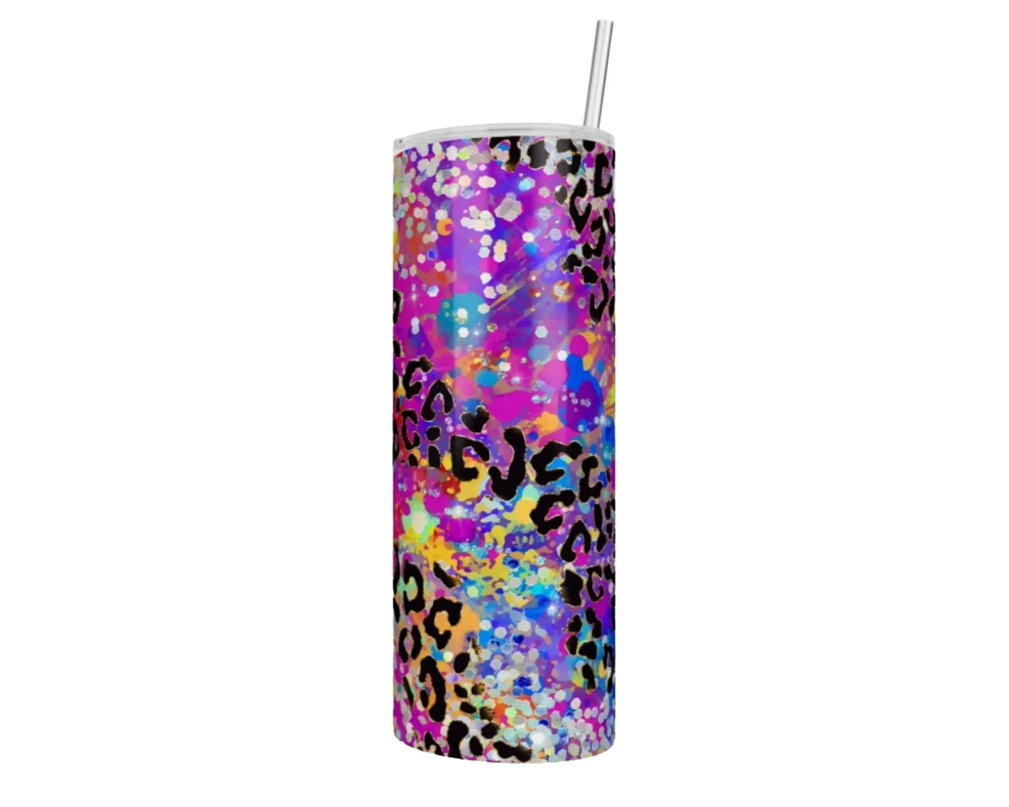 Holographic Purple Glitter & Paint Splatter Leopard Tracks 20oz Skinny Tumbler