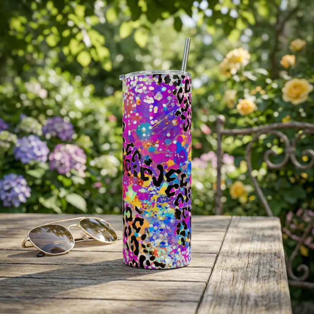 Holographic Purple Glitter & Paint Splatter Leopard Tracks 20oz Skinny Tumbler