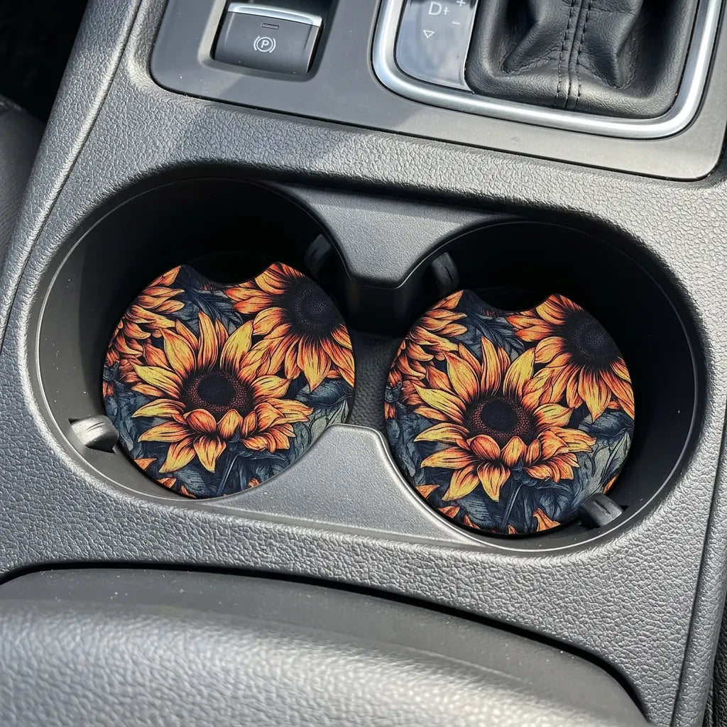 Watercolor Sunflower 2-Pack Neoprene Car Coaster Set