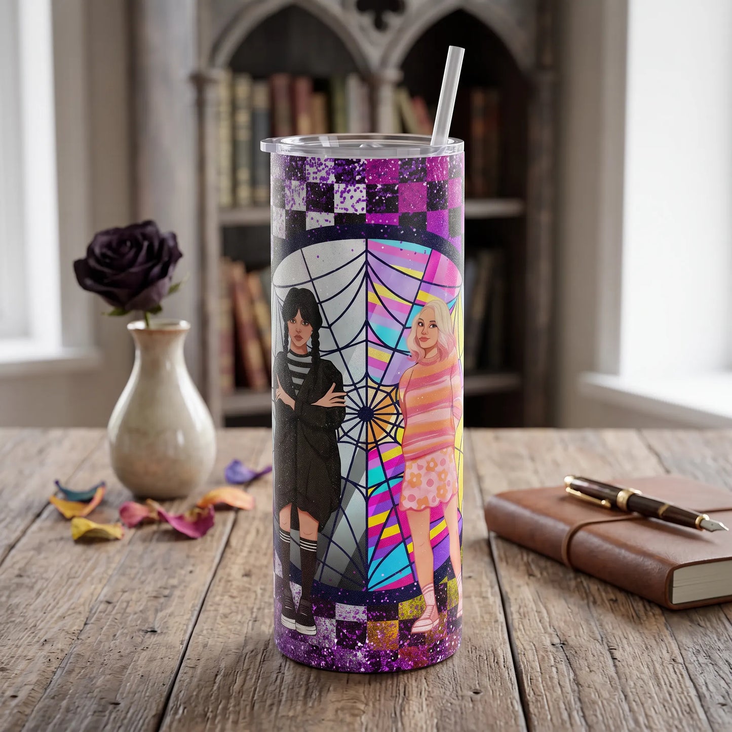 Holographic Wednesday Addams & Enid Stained Glass 20oz Tumbler