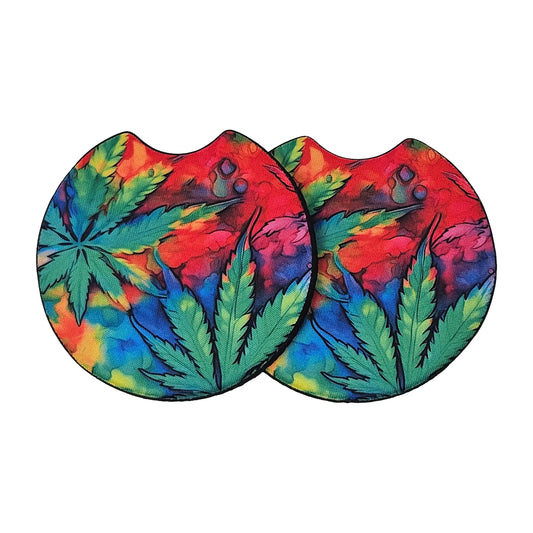 Tie Dye Cannabis Leaf 2-Pack Neoprene Car Coaster Set