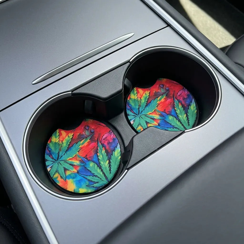 Tie Dye Cannabis Leaf 2-Pack Neoprene Car Coaster Set