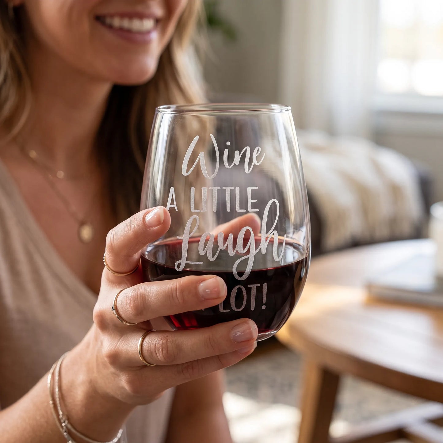 Wine A Little Laugh A Lot Etched 15oz Stemless Wine Glass