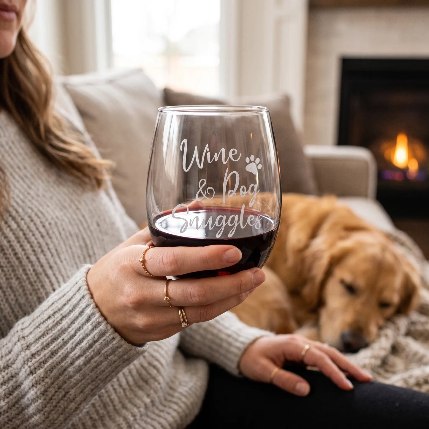 Wine & Dog Snuggles Etched 15oz Stemless Wine Glass