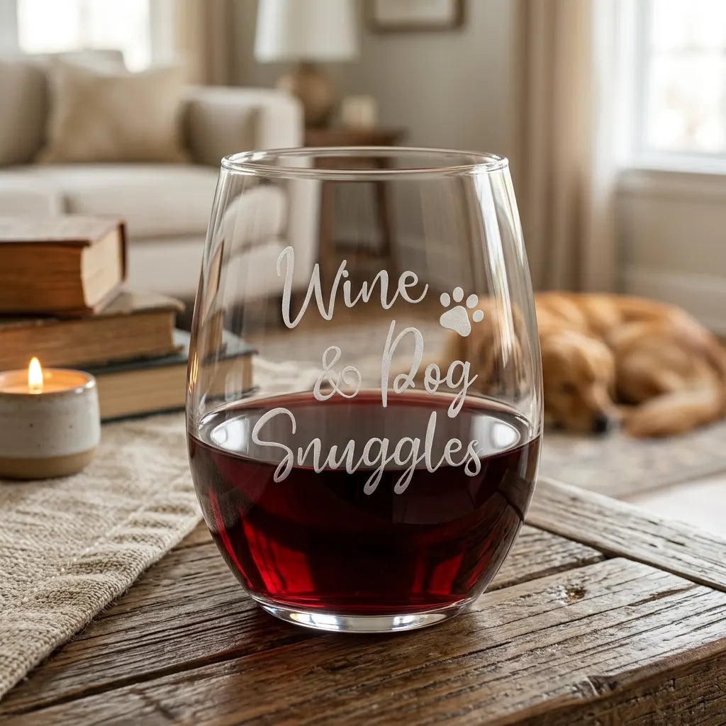 Wine & Dog Snuggles Etched 15oz Stemless Wine Glass
