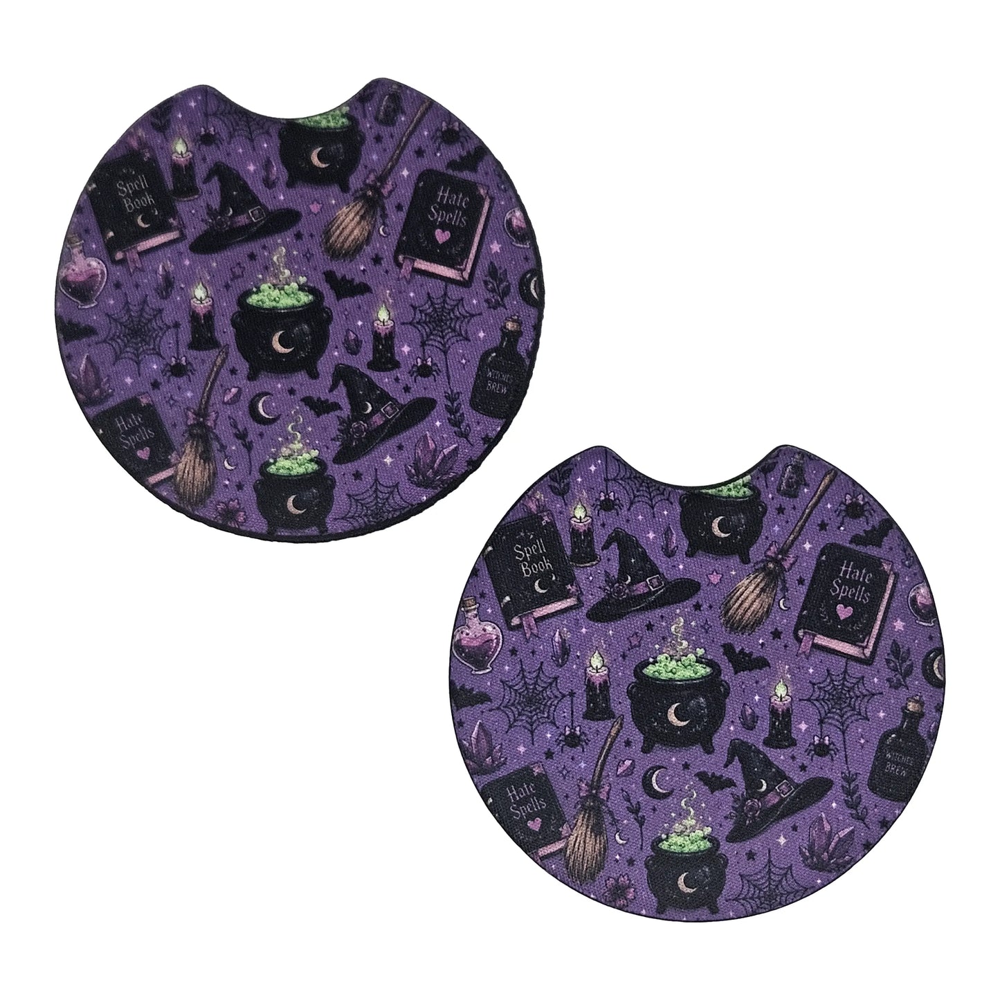 Gothic Witchcraft Cauldron Spellbook 2-Pack Neoprene Car Coaster Set