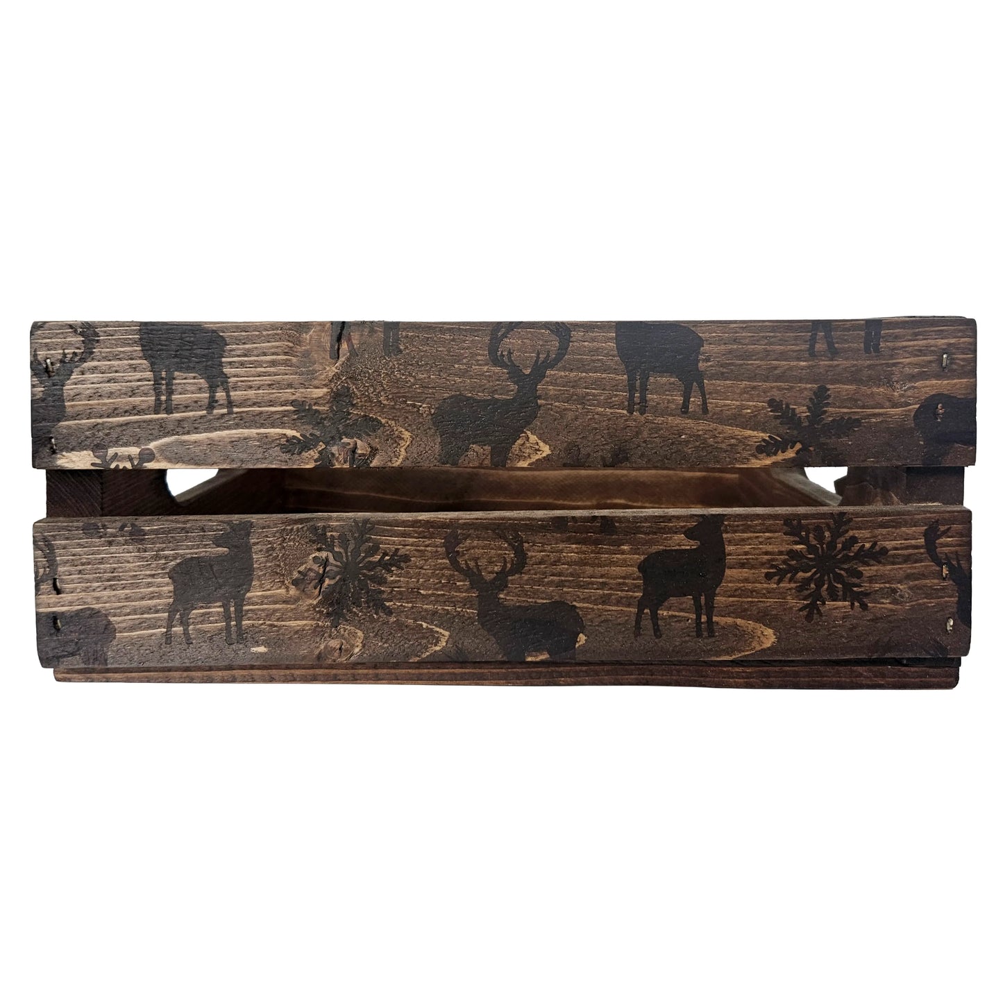 Wood Burnt Holiday Reindeer Snowflakes Solid Wood Crate