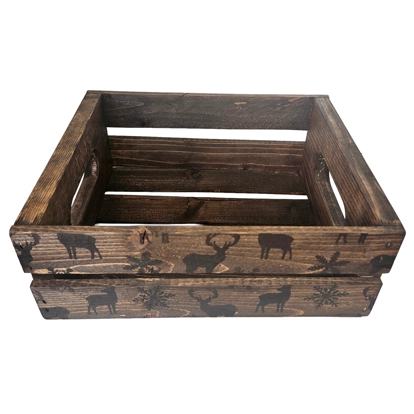 Wood Burnt Holiday Reindeer Snowflakes Solid Wood Crate