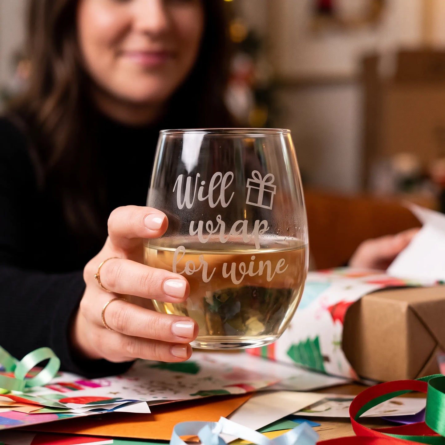 Will Wrap For Wine Etched Stemless Wine Glass