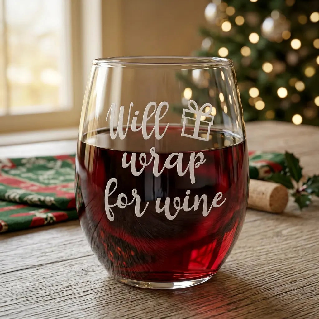 Will Wrap For Wine Etched Stemless Wine Glass