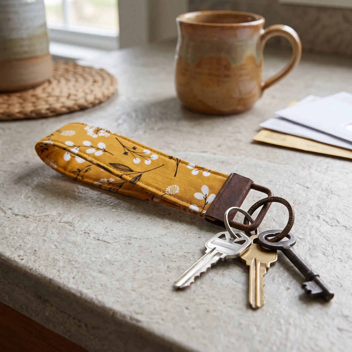 Mustard Botanical Floral Keychain Wristlet