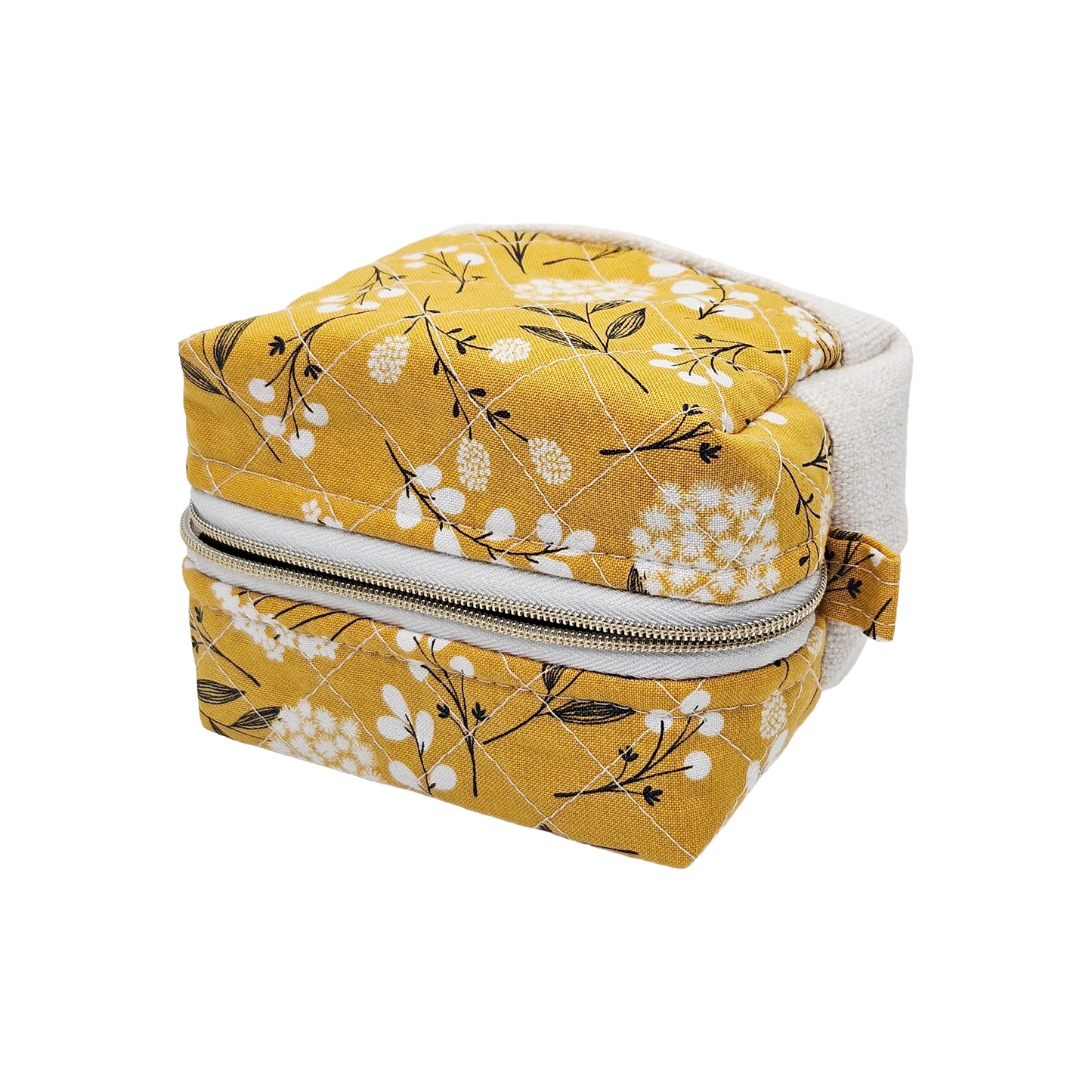 Mustard Yellow Floral Pattern Handmade Two Tone Mini Quilted Zipper Square Box Pouch