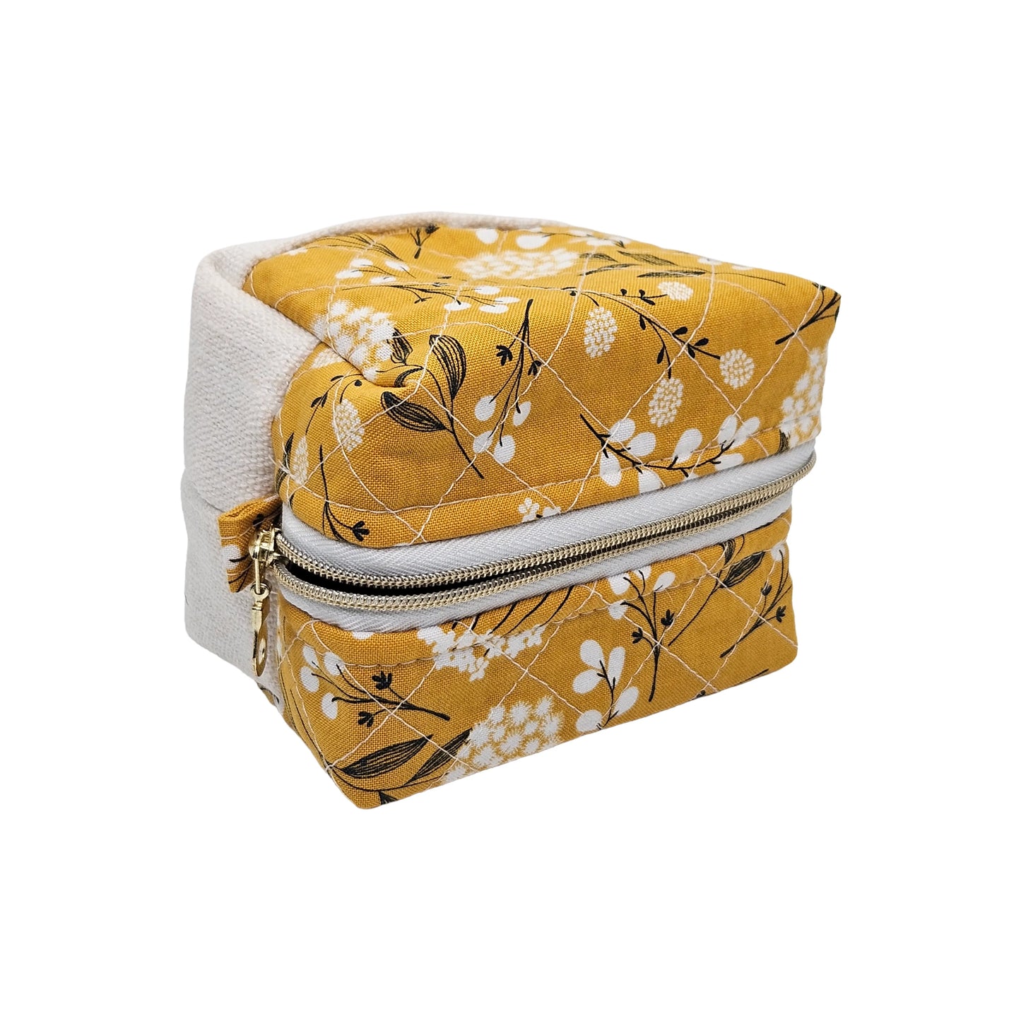Mustard Yellow Floral Pattern Handmade Two Tone Mini Quilted Zipper Square Box Pouch