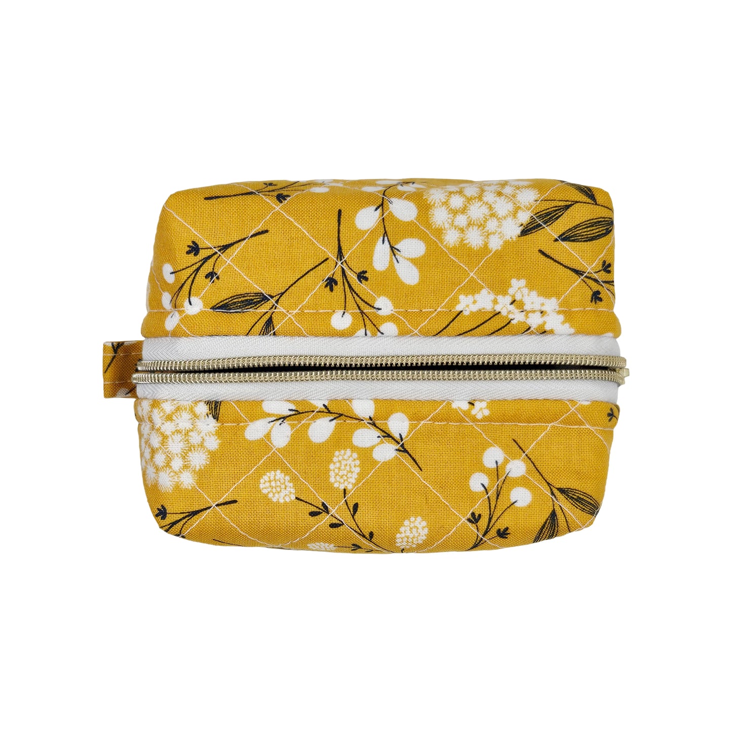 Mustard Yellow Floral Pattern Handmade Two Tone Mini Quilted Zipper Square Box Pouch