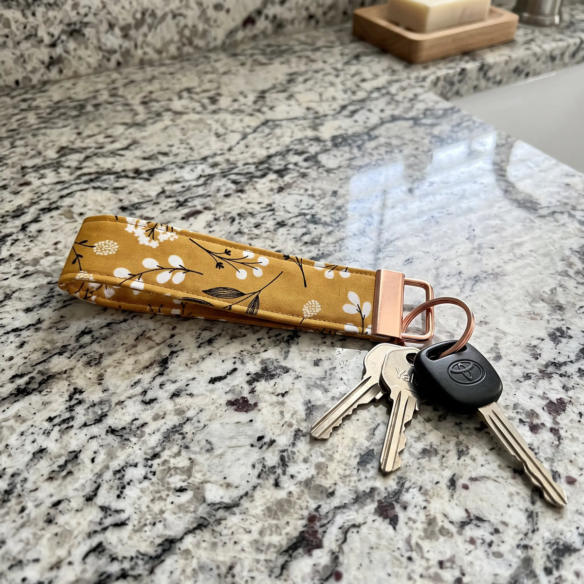 Mustard Botanical Floral Keychain Wristlet