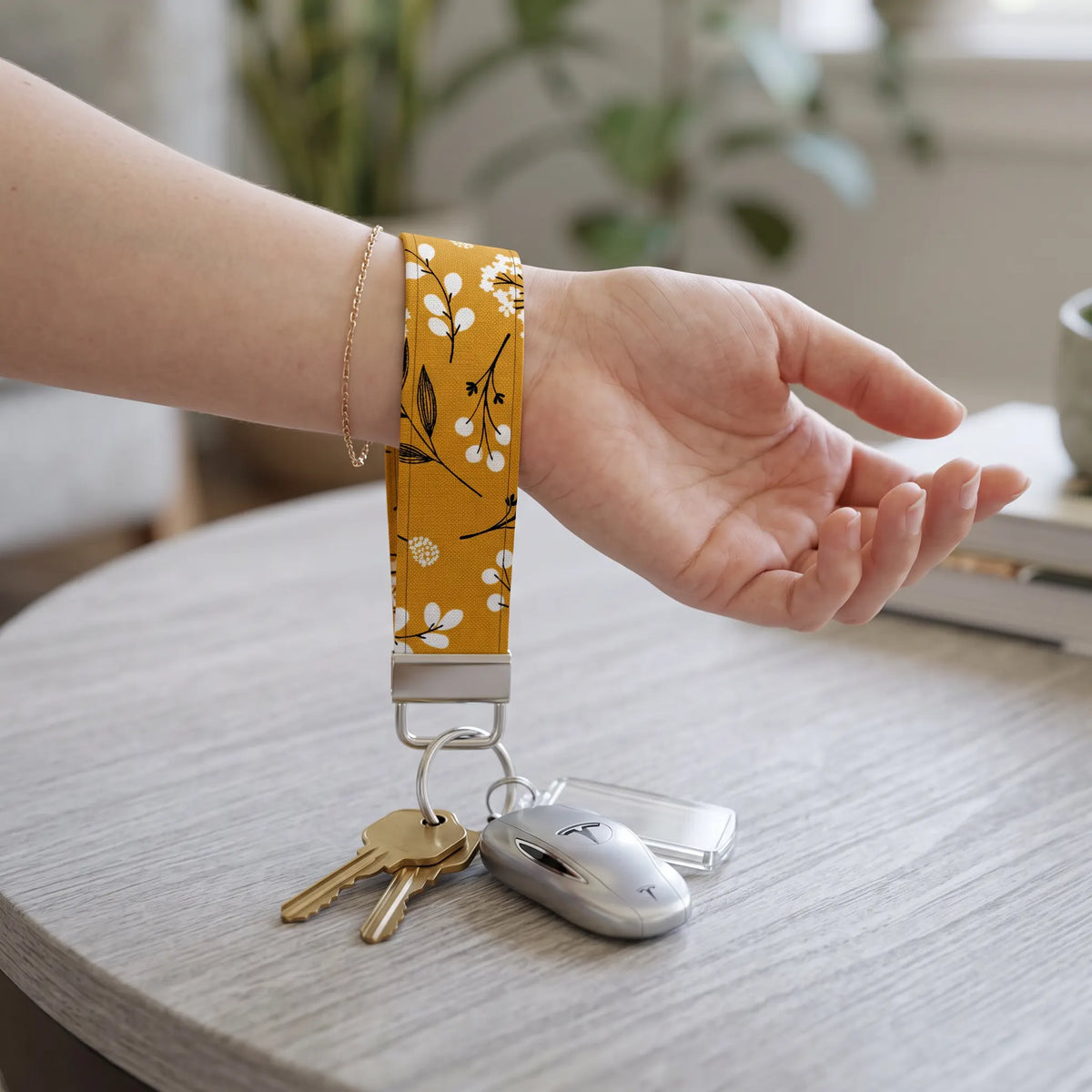 Mustard Botanical Floral Keychain Wristlet