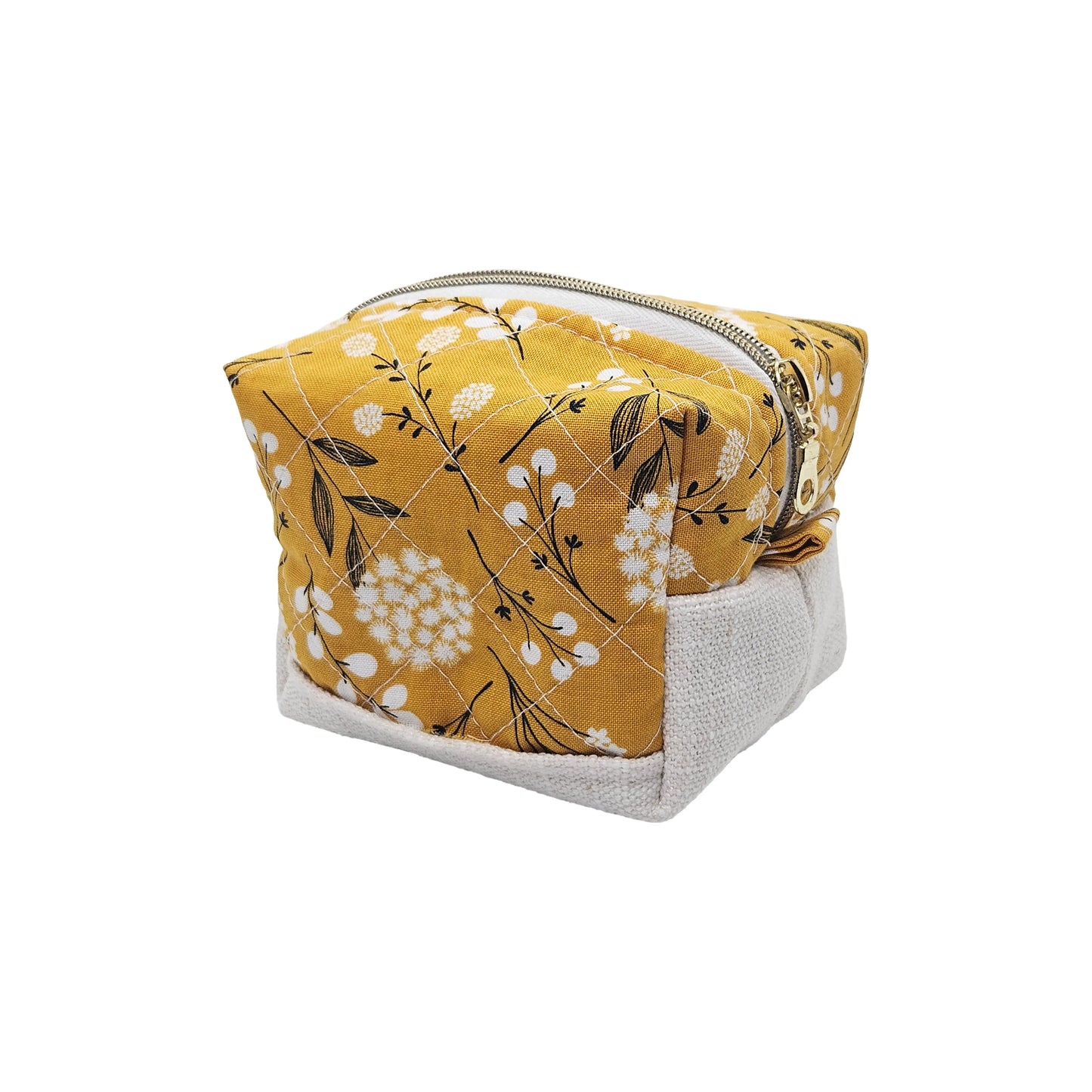 Mustard Yellow Floral Pattern Handmade Two Tone Mini Quilted Zipper Square Box Pouch