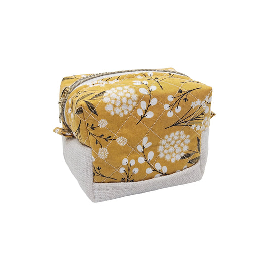 Mustard Yellow Floral Pattern Handmade Two Tone Mini Quilted Zipper Square Box Pouch