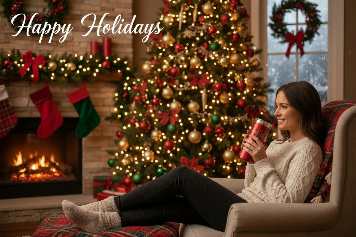 add Happy Holidays text in script in left corner in large white lettering