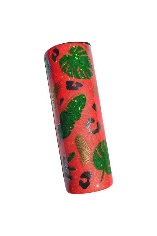 30 oz Coral Tropical Double Glitter Monstera & Palms Peekaboo Epoxy Tumbler