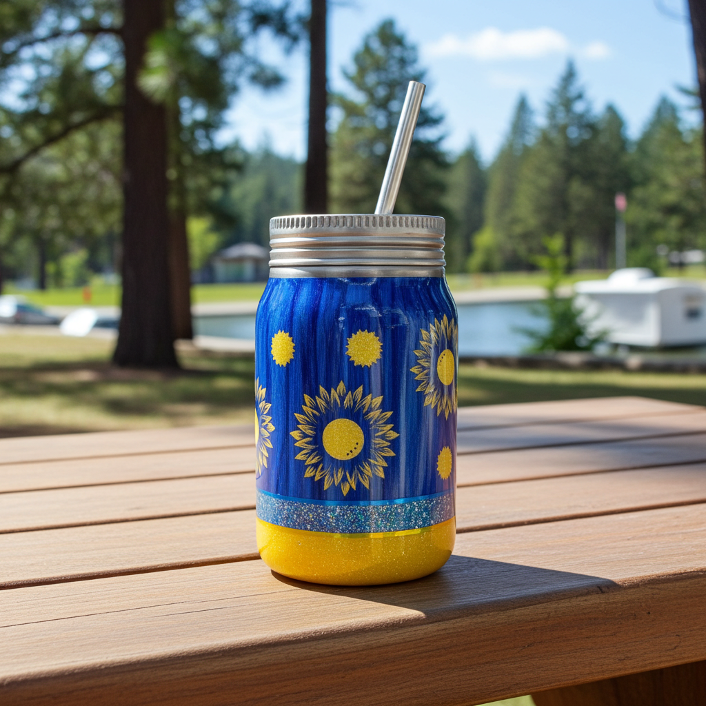 12 oz Sunflower Peekaboo Blue Wood Grain Mason Jar Epoxy Tumbler