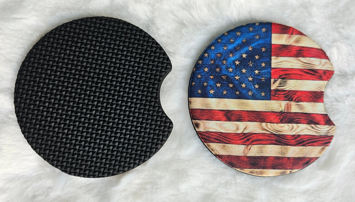 Rustic American Flag 2 Pack Neoprene Car Coaster Set