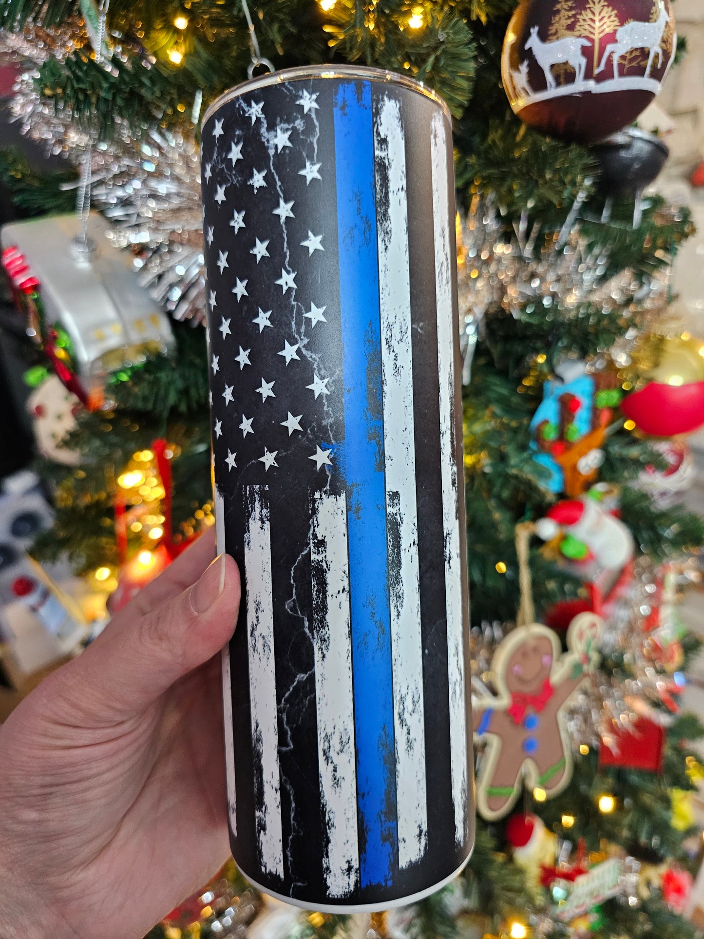 20 oz Police Thin Blue Line American Flag Glow-in-the-Dark Blue Sublimation Tumbler